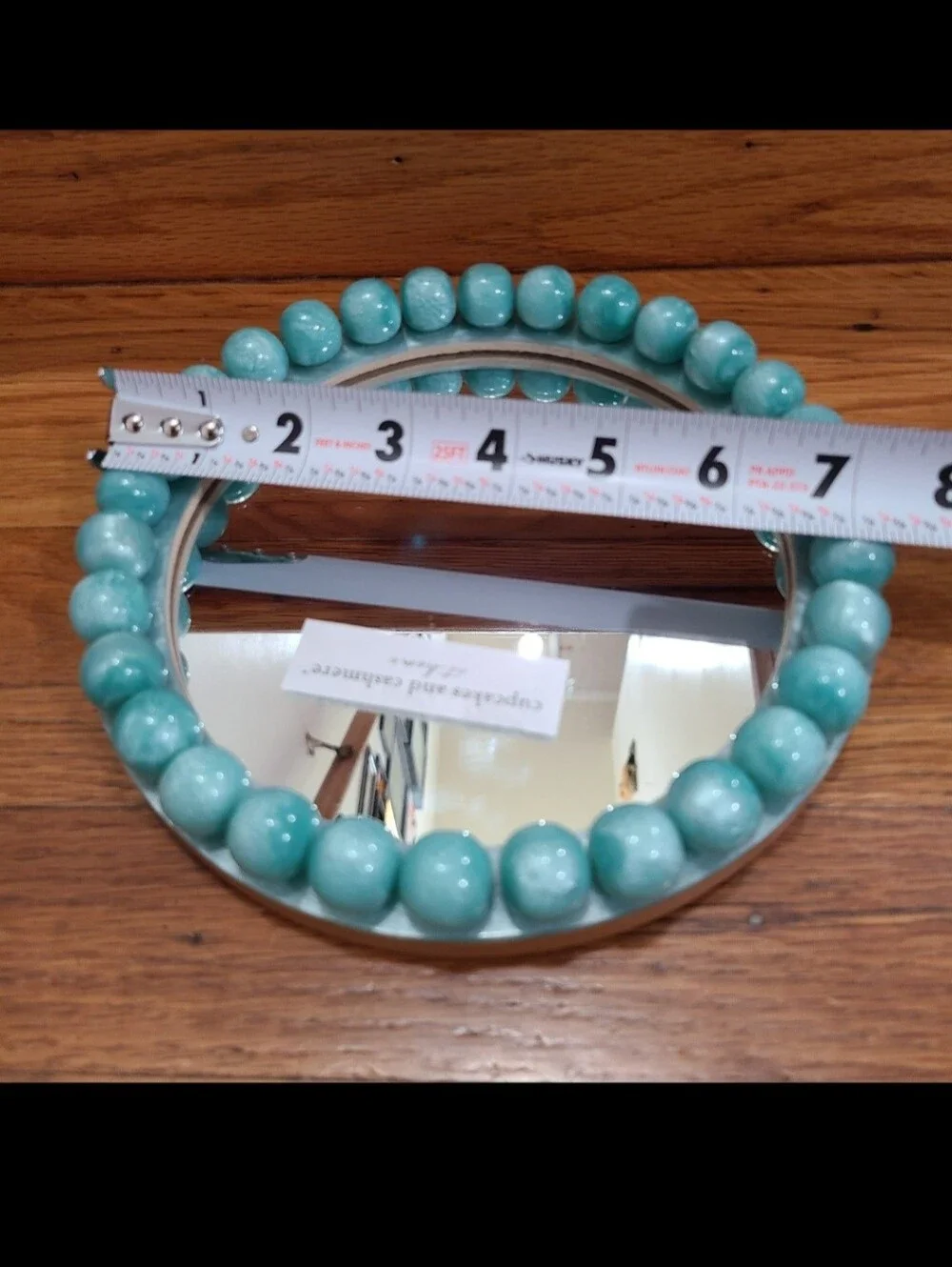 Round Turquoise Tiffany blue aqua beaded tabletop desktop vanity standing mirror